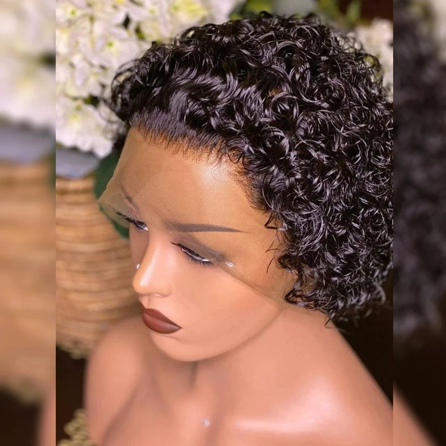Short Pixie Bob Lace Wig Curly 13x1 Lace Closure Human Hair Wigs Remy Curly Lace Frontal Wig Natural Black