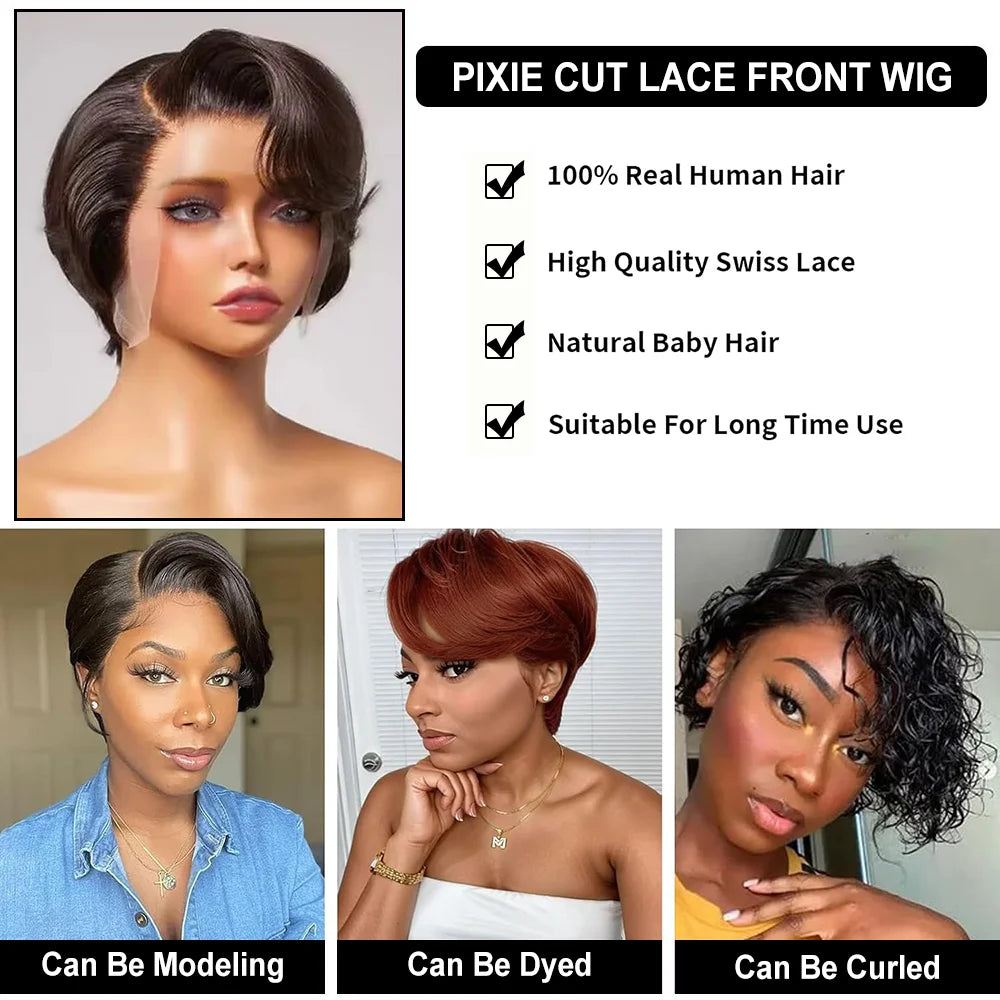 Pixie Cut Wigs Human Hair 13x4 Short Pixie Cut Lace Front Wig for Women Black Pixie Cut Transparent Frontal Wig Layered Straight