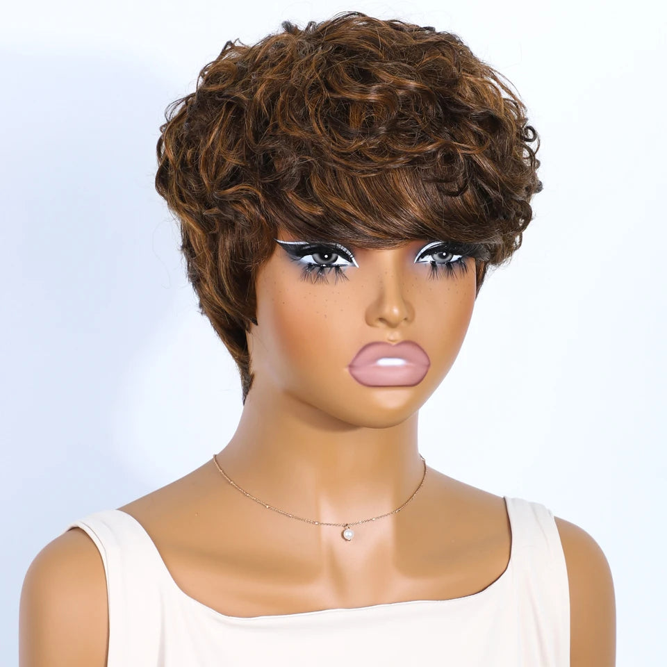Short Pixie Cut 100% Human Hair Wigs For Women Brazilian Remy Hair Natural Dark Full Machine Made Daily Colored Bob Wig