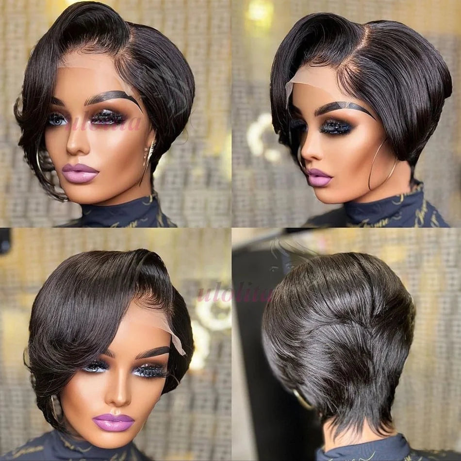 Pixie Cut 13x4 Transparent Lace Front Wigs For Women Short Bob Wig Brazilian Straight hd Lace Frontal Human Hair Wig 200 Density