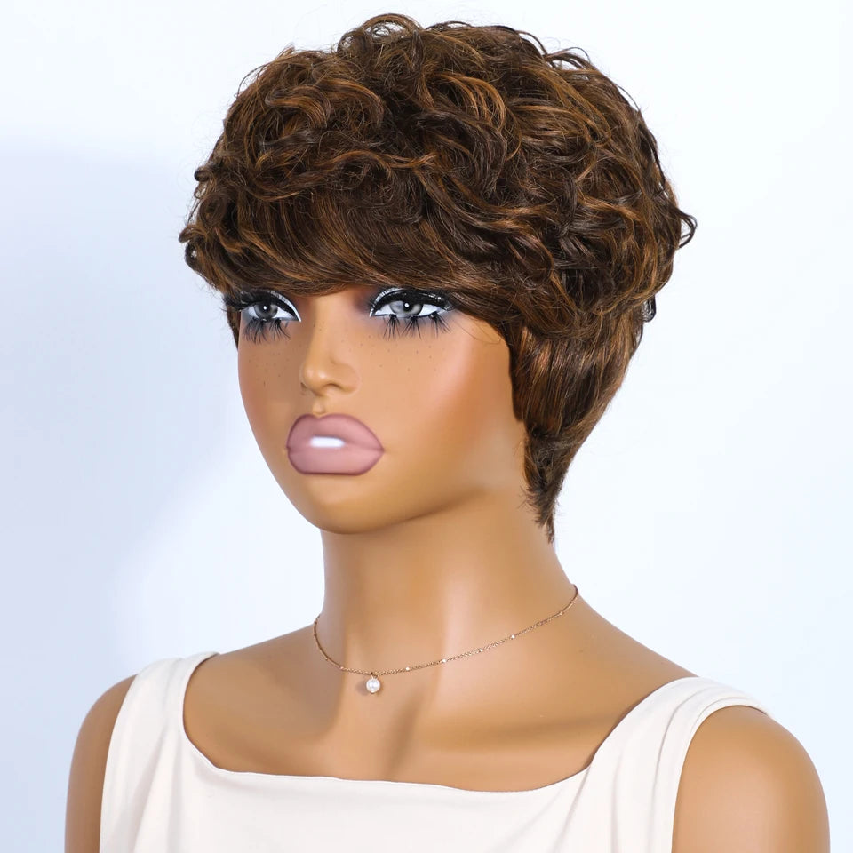 Short Pixie Cut 100% Human Hair Wigs For Women Brazilian Remy Hair Natural Dark Full Machine Made Daily Colored Bob Wig