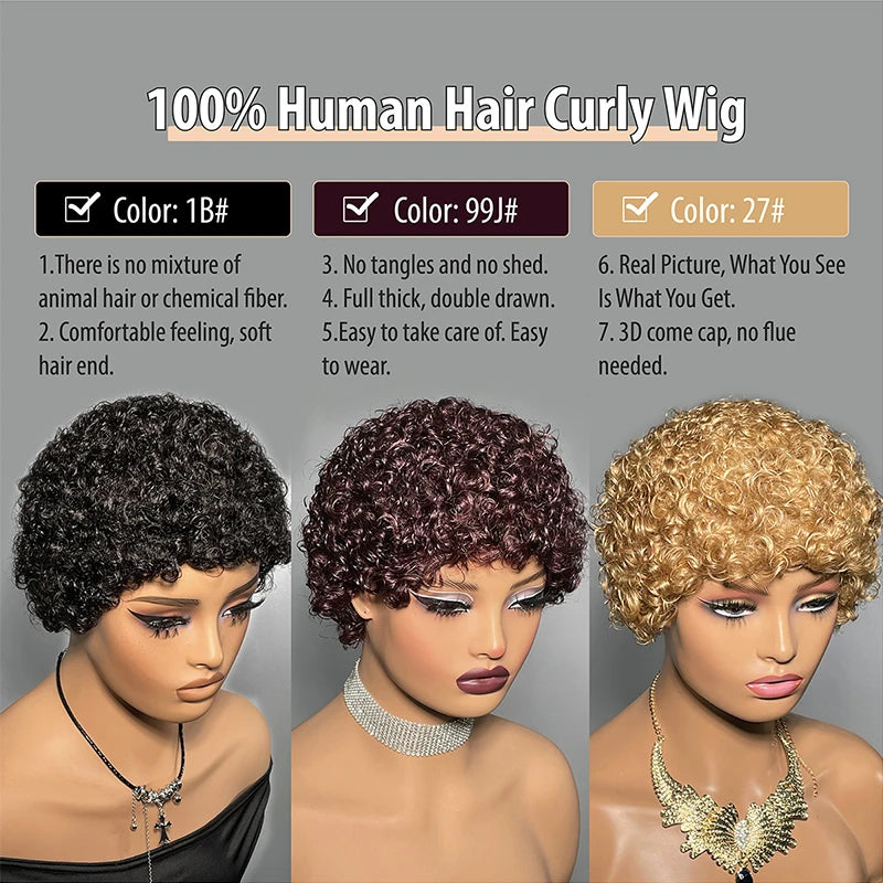 Short Afro Kinky Curly Hair Wigs For Black Women Human Hair African Fluffy Wig With Bangs Brazilian Pixie Cut Wigs Machine Made