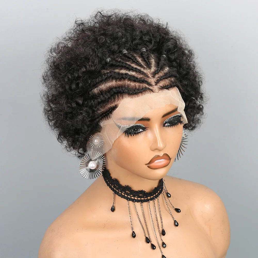 Braided Wigs for Black Women Short Afro Puff Wig 13x4 Lace Front Braids Wig Pre Braided Cornrow Hair Afro Curly Human Hair Wigs