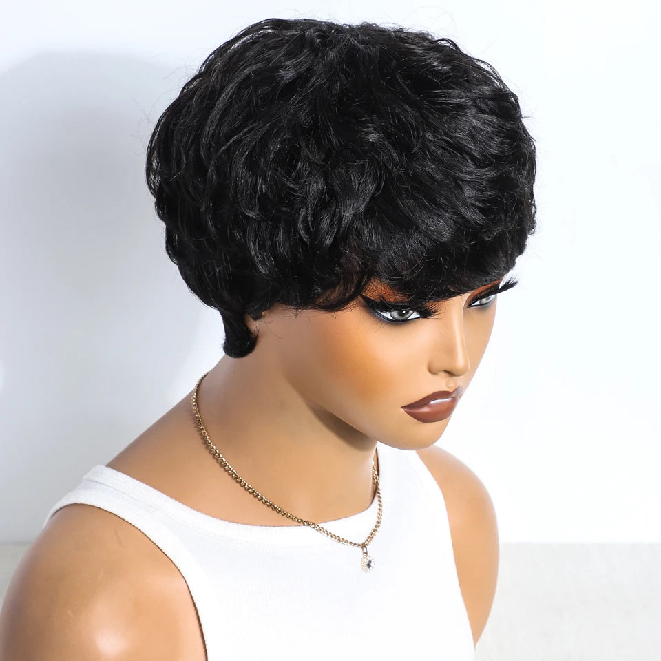 Short Pixie Cut 100% Human Hair Wigs For Women Brazilian Remy Hair Natural Dark Full Machine Made Daily Colored Bob Wig