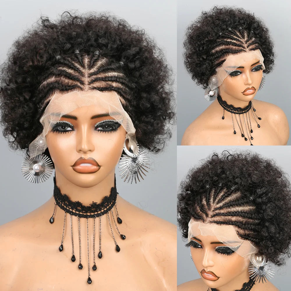 Braided Wigs for Black Women Short Afro Puff Wig 13x4 Lace Front Braids Wig Pre Braided Cornrow Hair Afro Curly Human Hair Wigs