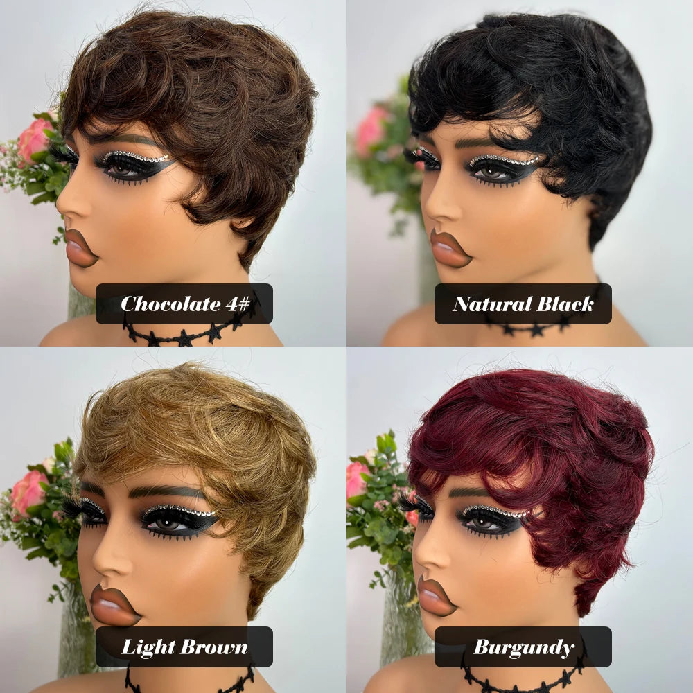Short Human Hair Wigs Pixie Cut Straight for Black Women Machine Made Wigs With Bangs Cheap Glueless Wig