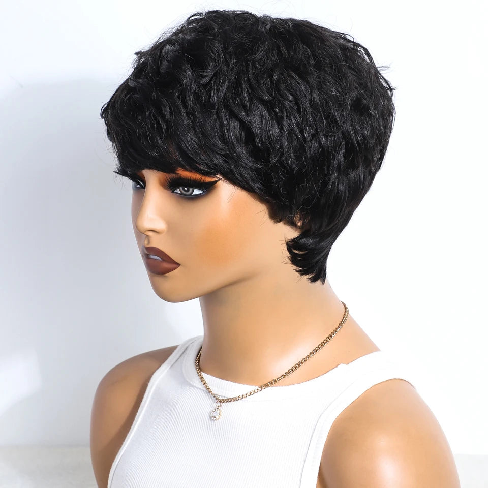 Short Pixie Cut 100% Human Hair Wigs For Women Brazilian Remy Hair Natural Dark Full Machine Made Daily Colored Bob Wig