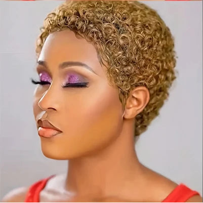 Short Afro Kinky Curly Hair Wigs For Black Women Human Hair African Fluffy Wig With Bangs Brazilian Pixie Cut Wigs Machine Made