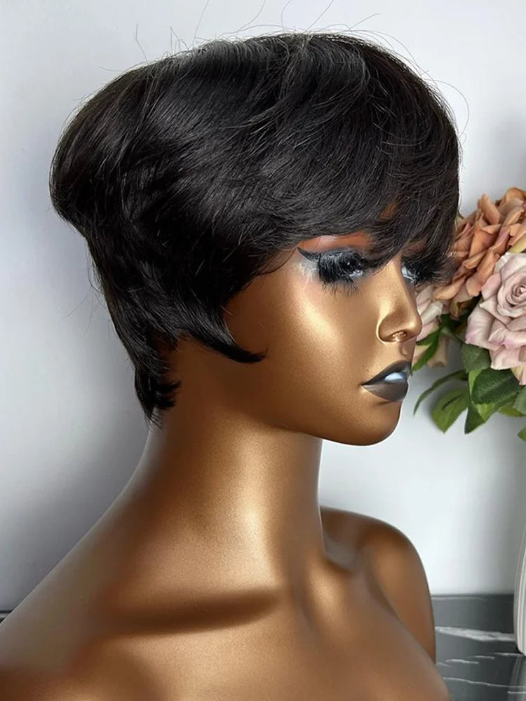 Short Human Hair Wigs Pixie Cut Straight for Black Women Machine Made Wigs With Bangs Cheap Glueless Wig