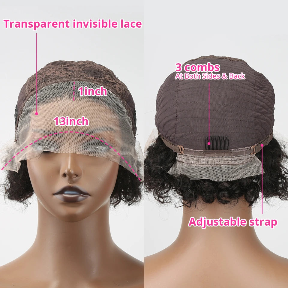 Pixie Cut Wig Transparent Lace Front Human Hair Wig Short Kinky Curly Bob Wigs Brazilian Water Wave Human Hair Wigs For Women