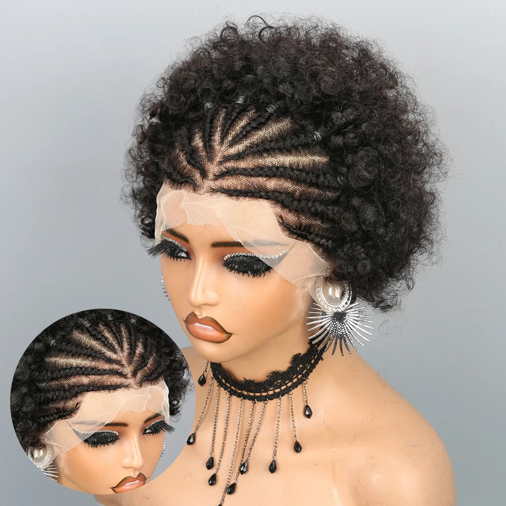 Braided Wigs for Black Women Short Afro Puff Wig 13x4 Lace Front Braids Wig Pre Braided Cornrow Hair Afro Curly Human Hair Wigs
