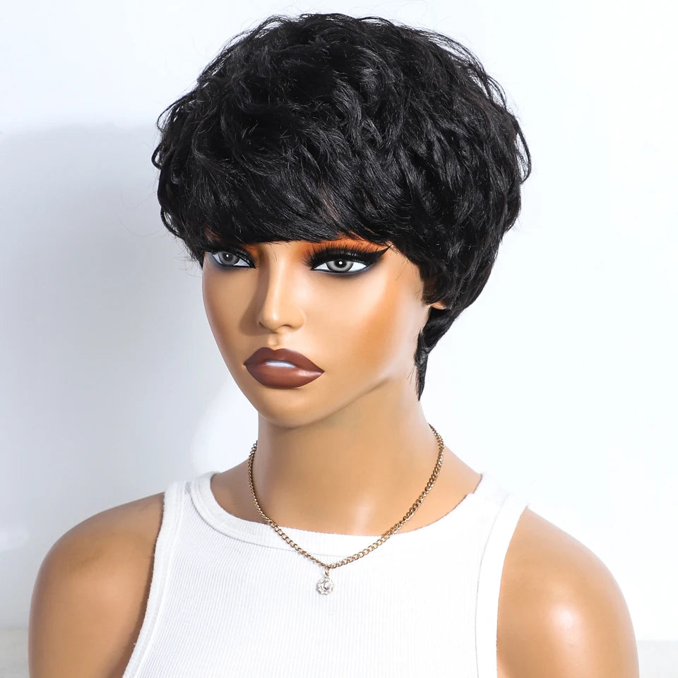 Short Pixie Cut 100% Human Hair Wigs For Women Brazilian Remy Hair Natural Dark Full Machine Made Daily Colored Bob Wig