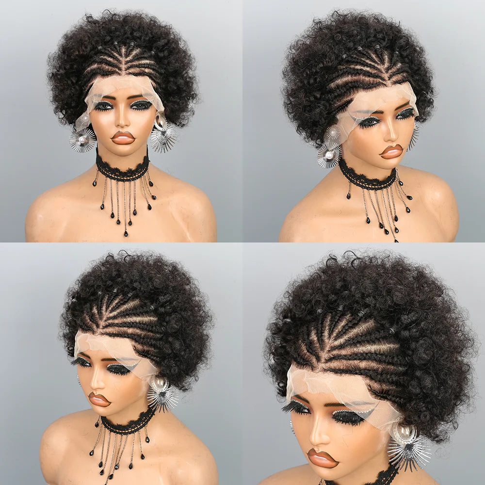 Braided Wigs for Black Women Short Afro Puff Wig 13x4 Lace Front Braids Wig Pre Braided Cornrow Hair Afro Curly Human Hair Wigs