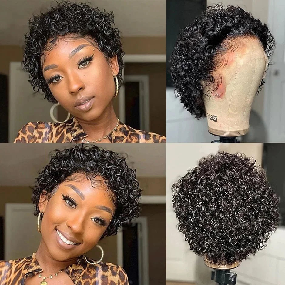Pixie Cut Wig Transparent Lace Front Human Hair Wig Short Kinky Curly Bob Wigs Brazilian Water Wave Human Hair Wigs For Women