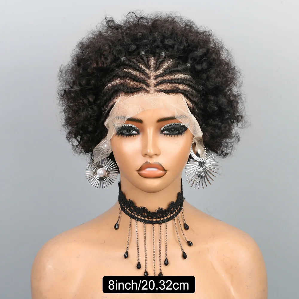 Braided Wigs for Black Women Short Afro Puff Wig 13x4 Lace Front Braids Wig Pre Braided Cornrow Hair Afro Curly Human Hair Wigs