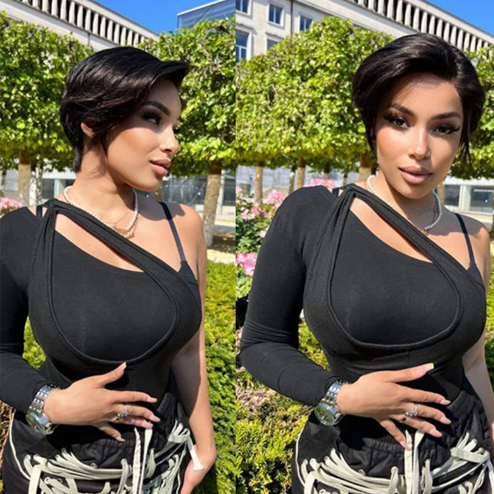 Pixie Cut Wigs Human Hair 13x4 Short Pixie Cut Lace Front Wig for Women Black Pixie Cut Transparent Frontal Wig Layered Straight