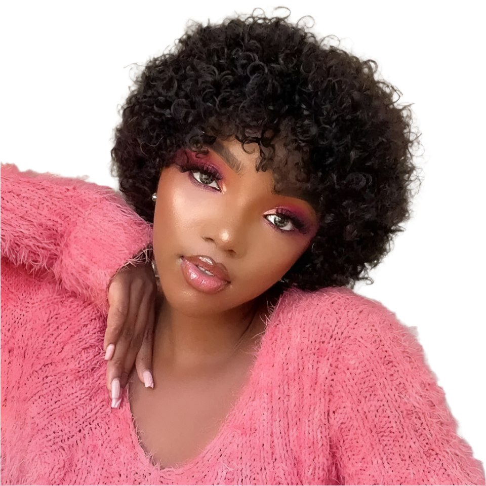 Short Pixie Afro Kinky Curly Wig Natural Brown Bob Wig with Bangs Brazilian Remy Human Hair Wigs Jerry Curly For Women