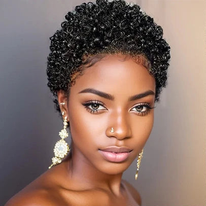 Short Afro Kinky Curly Hair Wigs For Black Women Human Hair African Fluffy Wig With Bangs Brazilian Pixie Cut Wigs Machine Made