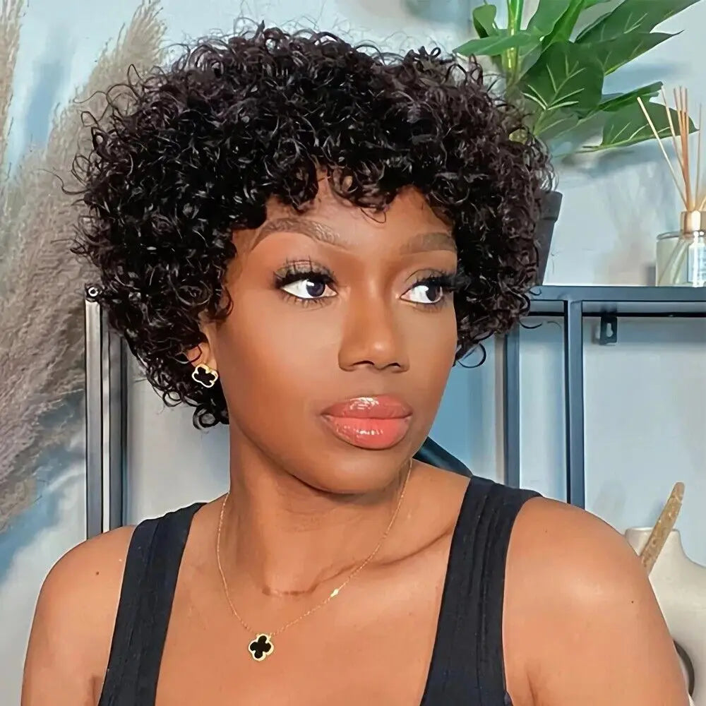 Short Pixie Afro Kinky Curly Wig Natural Brown Bob Wig with Bangs Brazilian Remy Human Hair Wigs Jerry Curly For Women