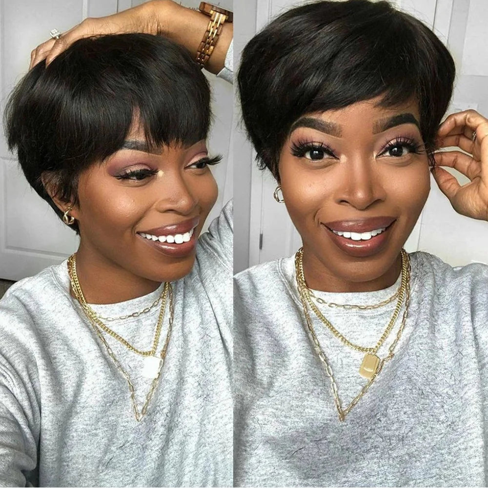 Short Human Hair Wigs Pixie Cut Straight for Black Women Machine Made Wigs With Bangs Cheap Glueless Wig