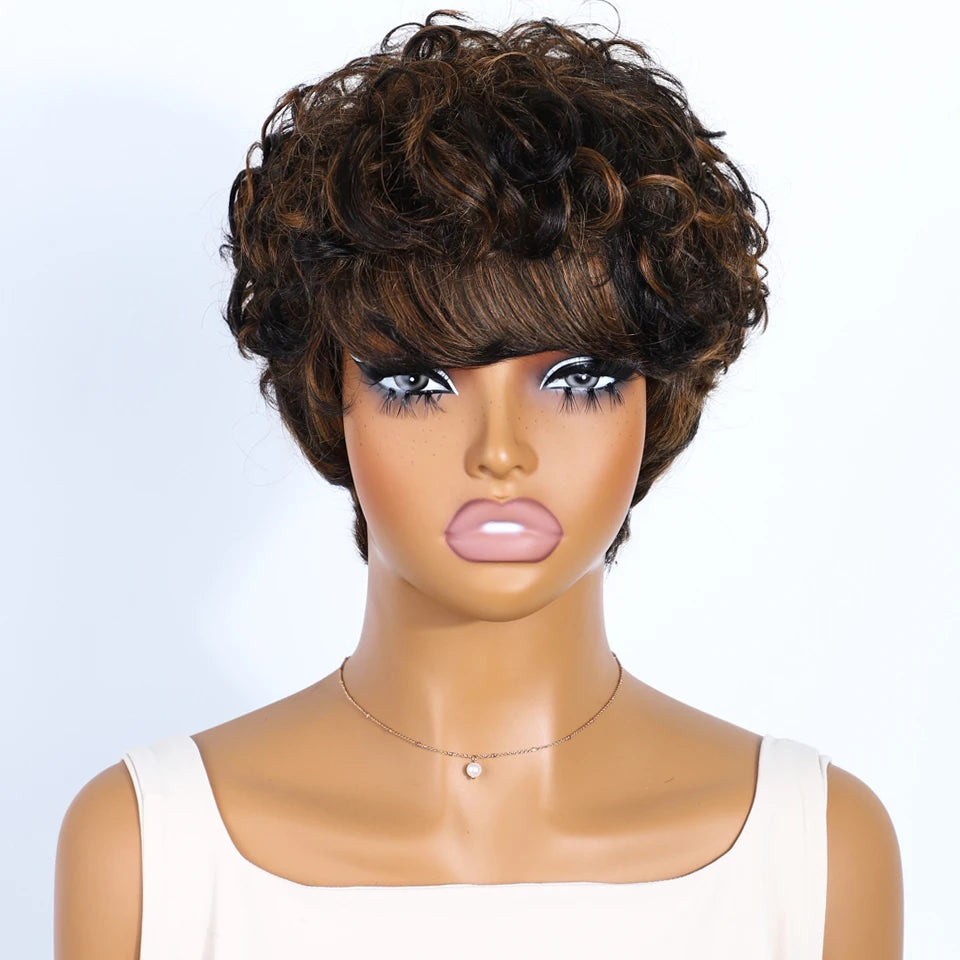 Short Pixie Cut 100% Human Hair Wigs For Women Brazilian Remy Hair Natural Dark Full Machine Made Daily Colored Bob Wig