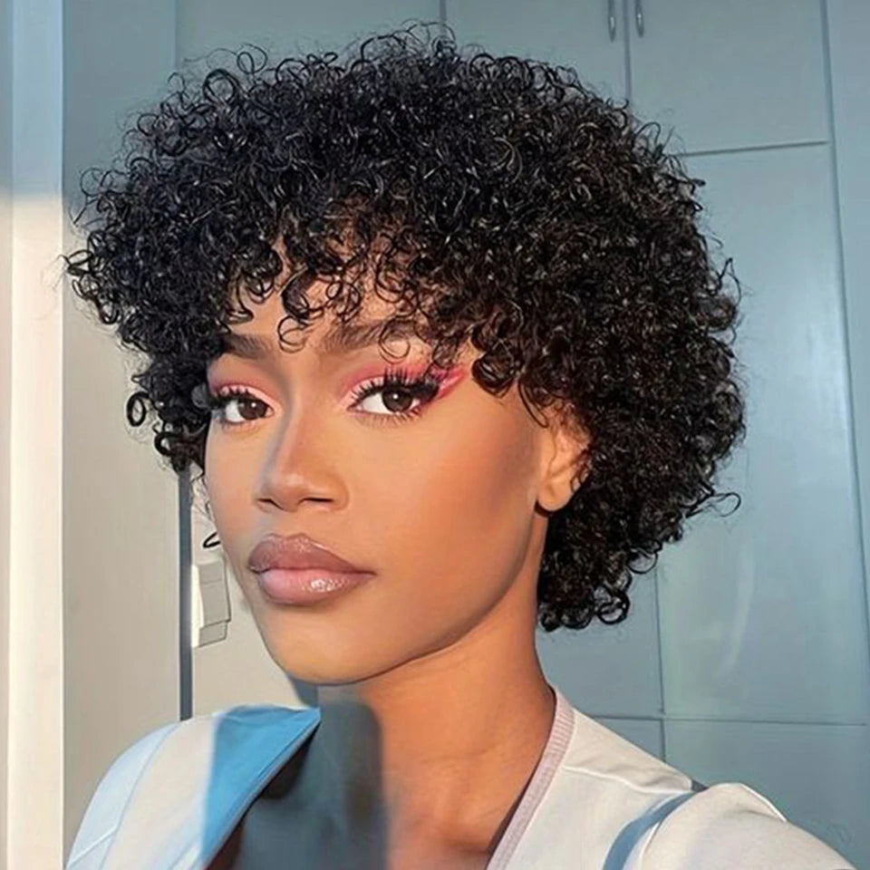Short Pixie Afro Kinky Curly Wig Natural Brown Bob Wig with Bangs Brazilian Remy Human Hair Wigs Jerry Curly For Women