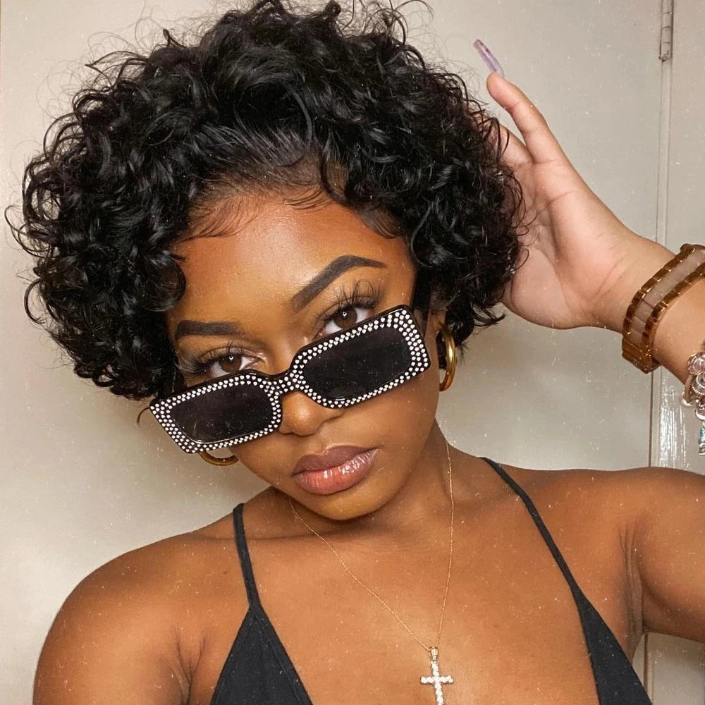 Short Pixie Bob Lace Wig Curly 13x1 Lace Closure Human Hair Wigs Remy Curly Lace Frontal Wig Natural Black