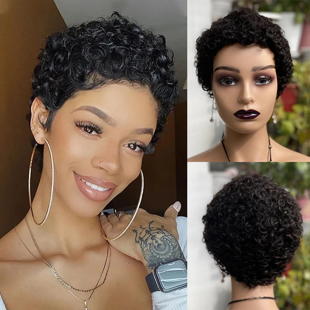 100% Human Hair Afro Curly Wig for Women – Natural Pixie Chic, Comfort Rose Net | Easy Machine Made