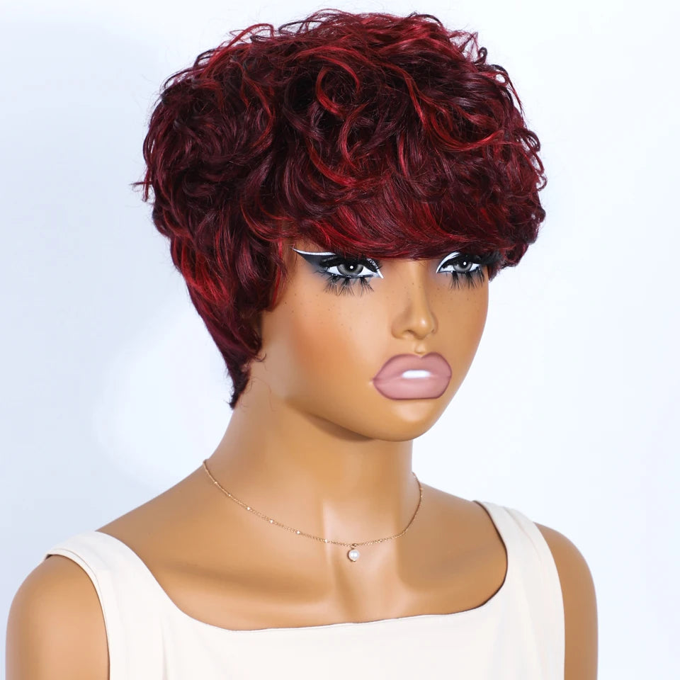 Short Pixie Cut 100% Human Hair Wigs For Women Brazilian Remy Hair Natural Dark Full Machine Made Daily Colored Bob Wig