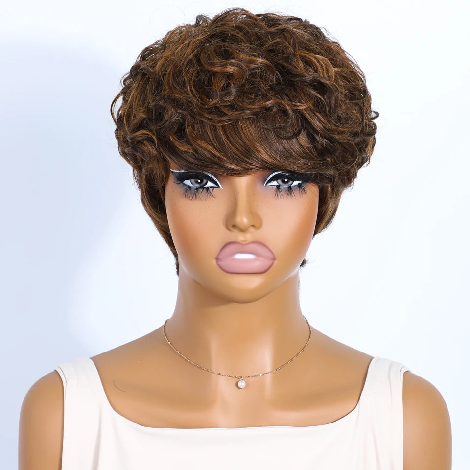 Short Pixie Cut 100% Human Hair Wigs For Women Brazilian Remy Hair Natural Dark Full Machine Made Daily Colored Bob Wig