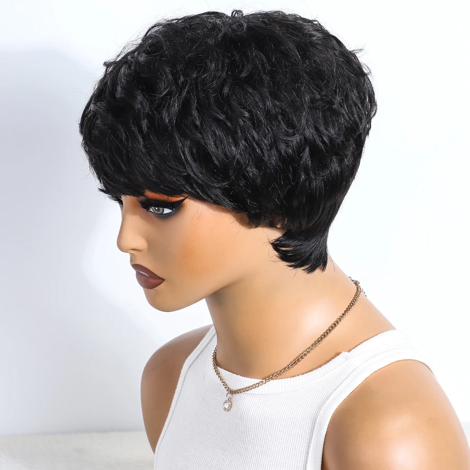 Short Pixie Cut 100% Human Hair Wigs For Women Brazilian Remy Hair Natural Dark Full Machine Made Daily Colored Bob Wig