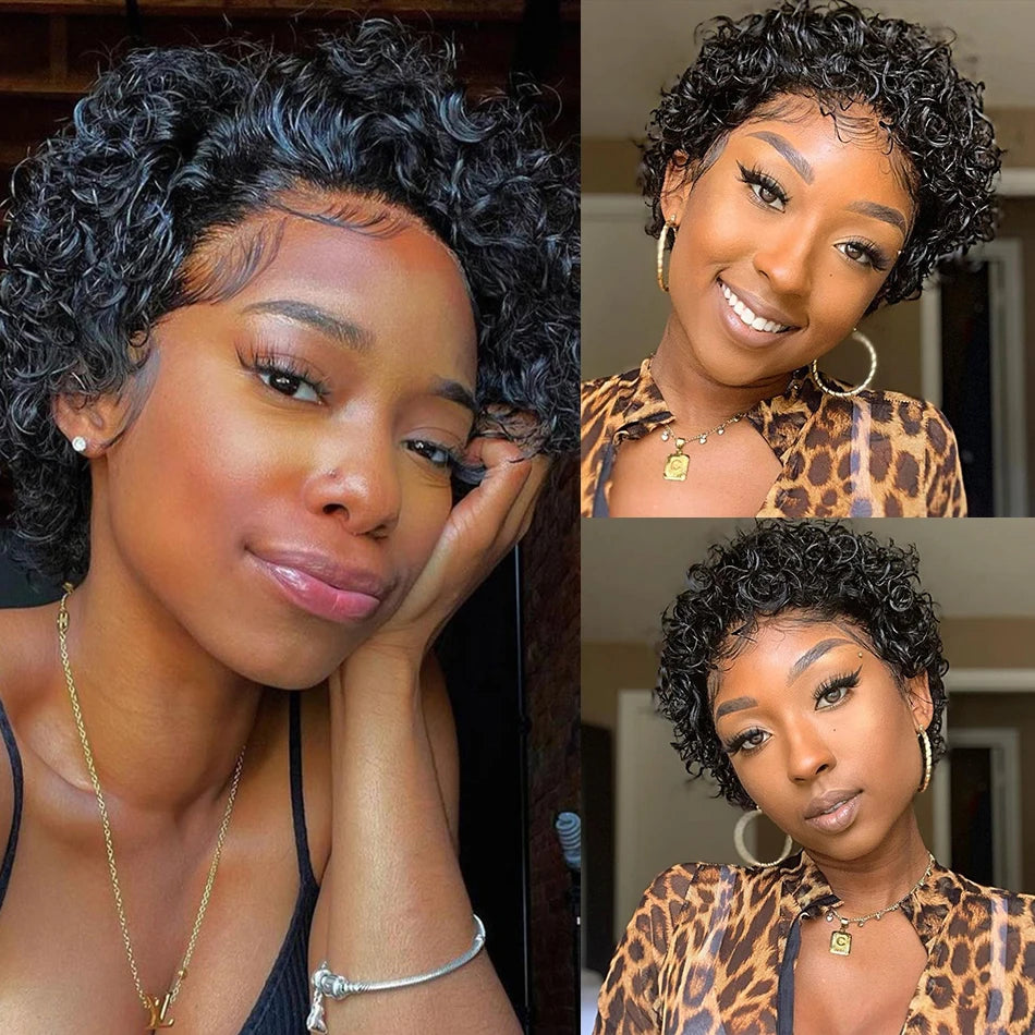 Pixie Cut Wig Transparent Lace Front Human Hair Wig Short Kinky Curly Bob Wigs Brazilian Water Wave Human Hair Wigs For Women