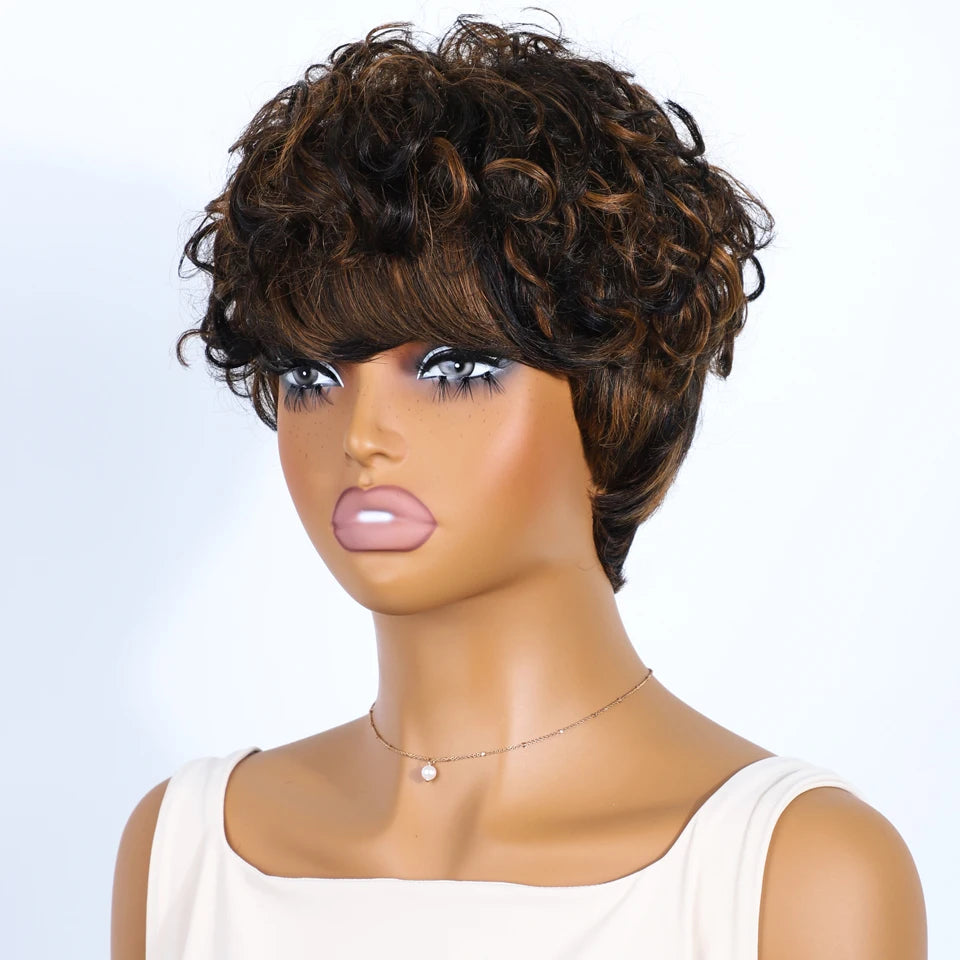 Short Pixie Cut 100% Human Hair Wigs For Women Brazilian Remy Hair Natural Dark Full Machine Made Daily Colored Bob Wig