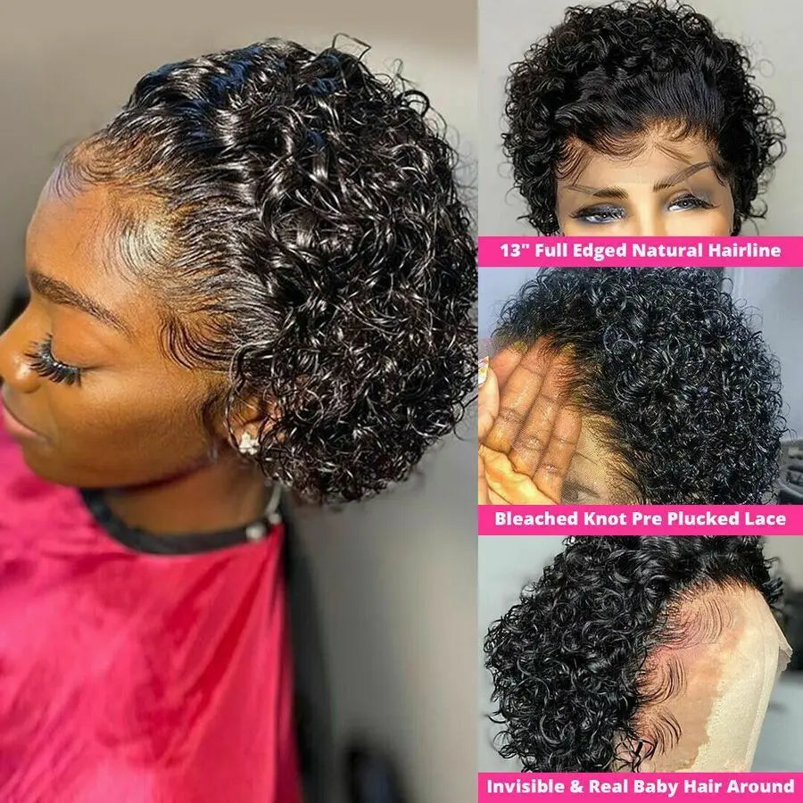 Pixie Cut Wig Transparent Lace Front Human Hair Wig Short Kinky Curly Bob Wigs Brazilian Water Wave Human Hair Wigs For Women