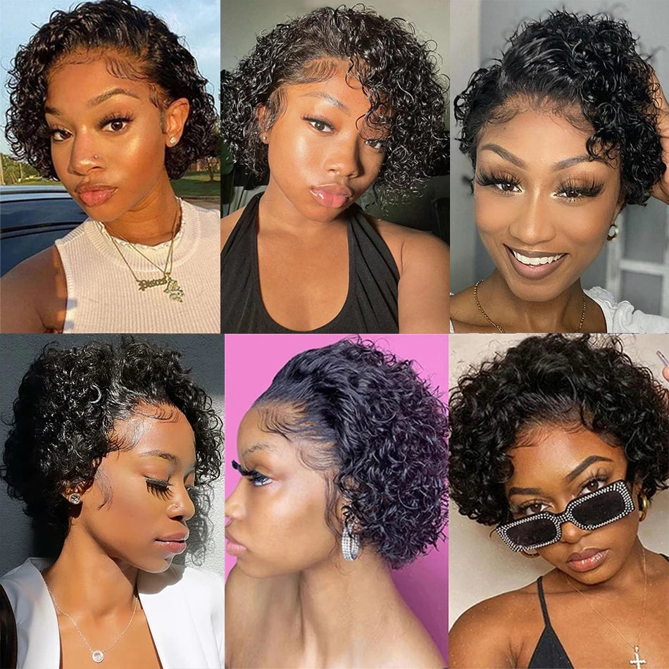 Pixie Cut Wig Transparent Lace Front Human Hair Wig Short Kinky Curly Bob Wigs Brazilian Water Wave Human Hair Wigs For Women
