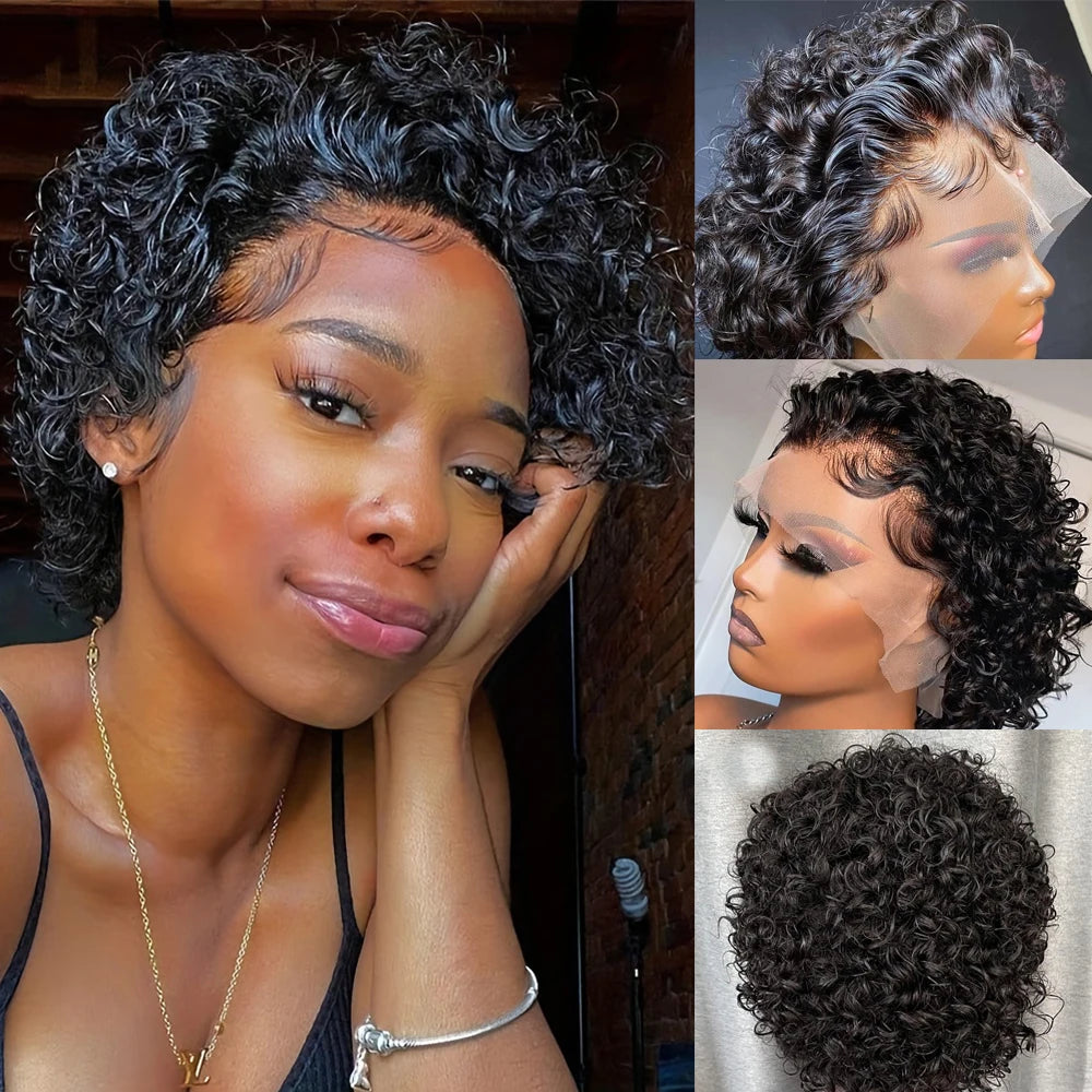 13x1 Pixie Curly Human Hair Wig Pixie Cut Curly Transparent Lace Wigs Brazilian Remy 100% Human Hair Wigs For Black Women