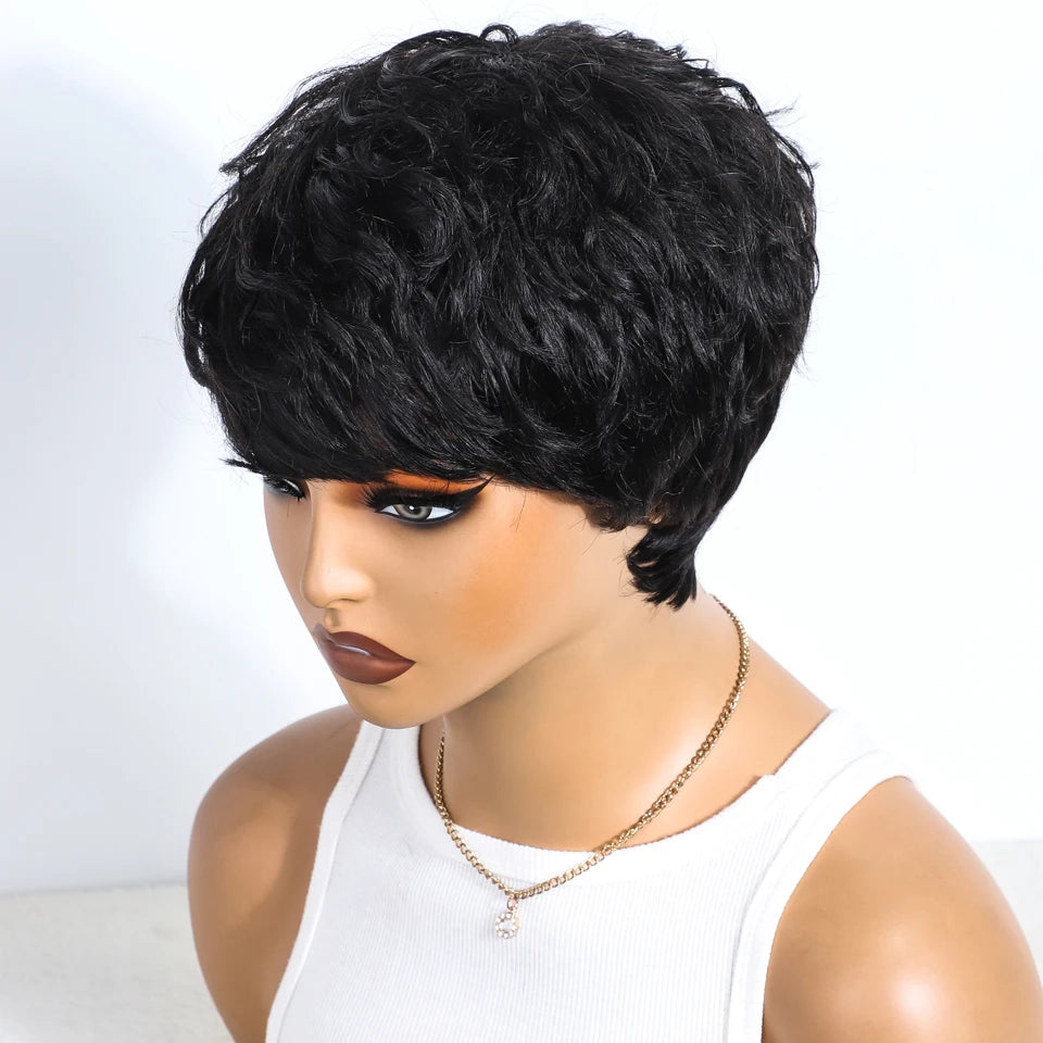 Short Pixie Cut 100% Human Hair Wigs For Women Brazilian Remy Hair Natural Dark Full Machine Made Daily Colored Bob Wig