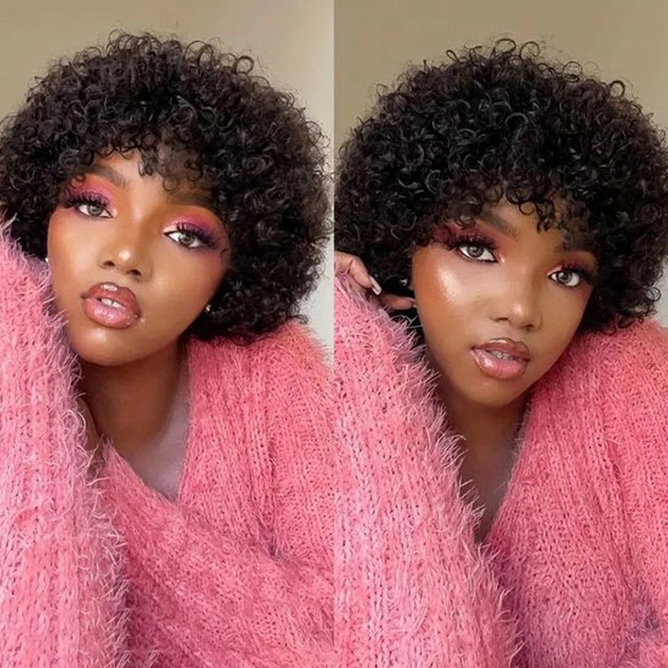 Short Pixie Afro Kinky Curly Wig Natural Brown Bob Wig with Bangs Brazilian Remy Human Hair Wigs Jerry Curly For Women