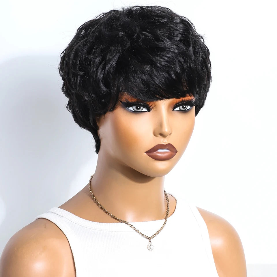 Short Pixie Cut 100% Human Hair Wigs For Women Brazilian Remy Hair Natural Dark Full Machine Made Daily Colored Bob Wig