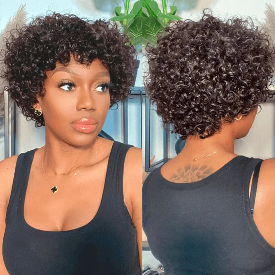 Short Pixie Afro Kinky Curly Wig Natural Brown Bob Wig with Bangs Brazilian Remy Human Hair Wigs Jerry Curly For Women