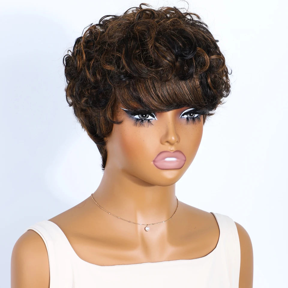 Short Pixie Cut 100% Human Hair Wigs For Women Brazilian Remy Hair Natural Dark Full Machine Made Daily Colored Bob Wig