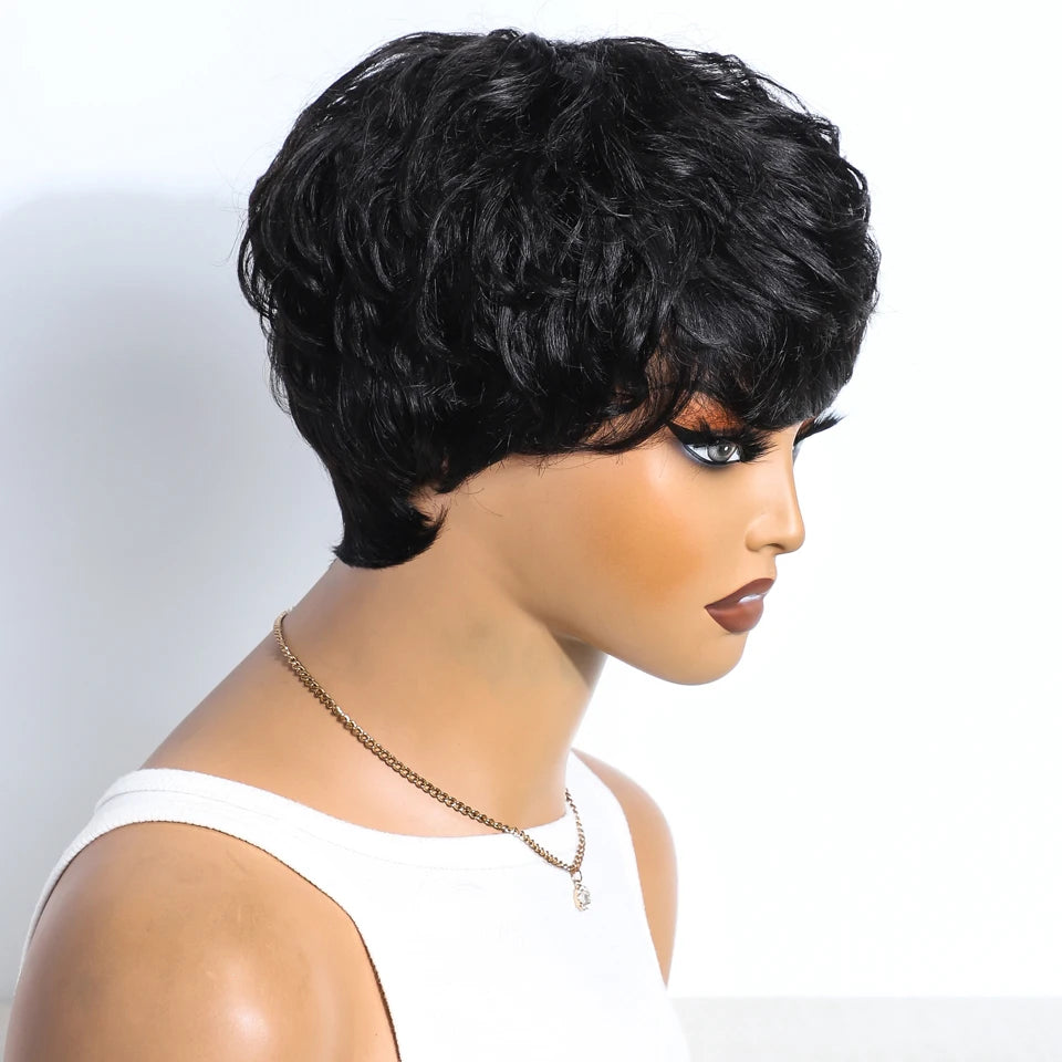 Short Pixie Cut 100% Human Hair Wigs For Women Brazilian Remy Hair Natural Dark Full Machine Made Daily Colored Bob Wig