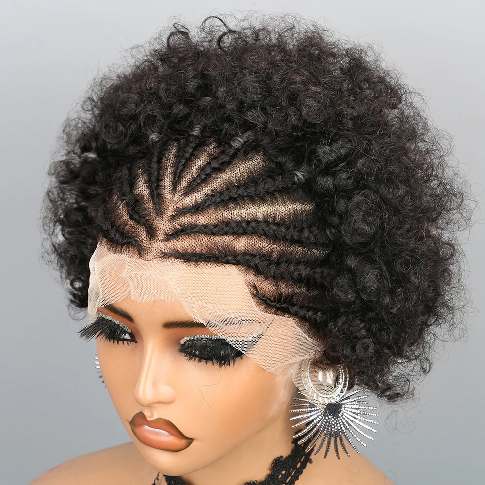 Braided Wigs for Black Women Short Afro Puff Wig 13x4 Lace Front Braids Wig Pre Braided Cornrow Hair Afro Curly Human Hair Wigs