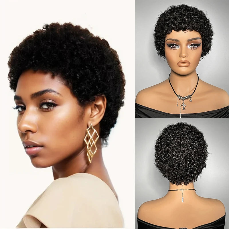 Short Afro Kinky Curly Hair Wigs For Black Women Human Hair African Fluffy Wig With Bangs Brazilian Pixie Cut Wigs Machine Made