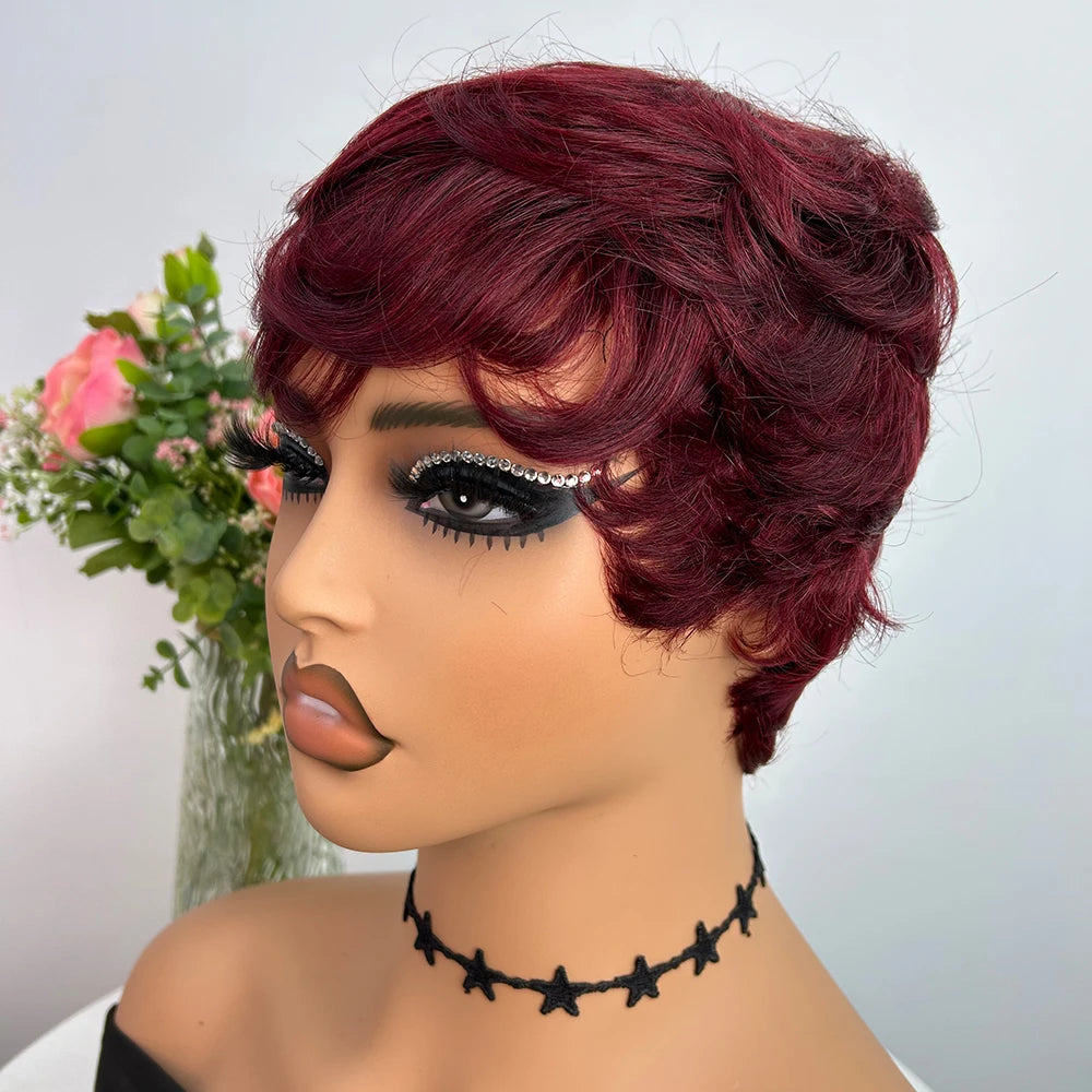 Short Human Hair Wigs Pixie Cut Straight for Black Women Machine Made Wigs With Bangs Cheap Glueless Wig