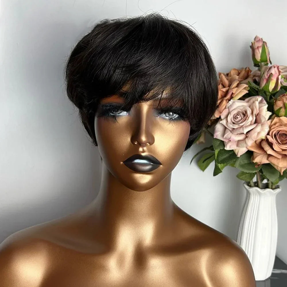 Short Human Hair Wigs Pixie Cut Straight for Black Women Machine Made Wigs With Bangs Cheap Glueless Wig