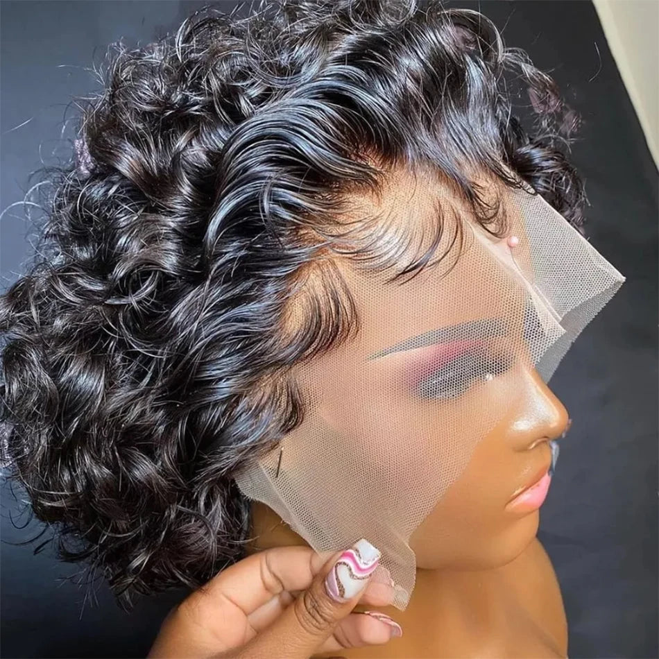 Pixie Cut Wig Transparent Lace Front Human Hair Wig Short Kinky Curly Bob Wigs Brazilian Water Wave Human Hair Wigs For Women