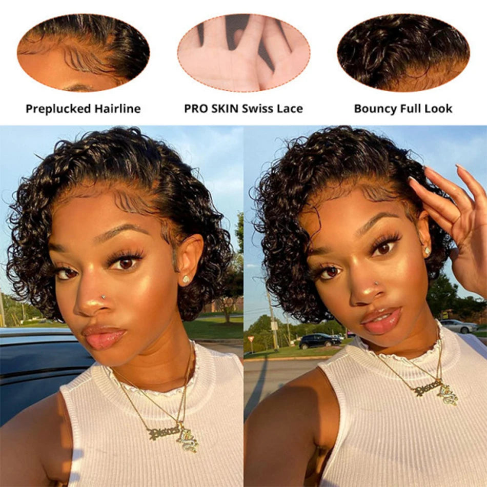Pixie Cut Wig Transparent Lace Front Human Hair Wig Short Kinky Curly Bob Wigs Brazilian Water Wave Human Hair Wigs For Women