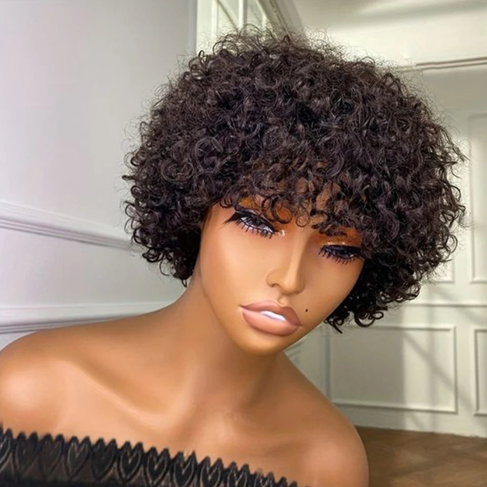Short Pixie Afro Kinky Curly Wig Natural Brown Bob Wig with Bangs Brazilian Remy Human Hair Wigs Jerry Curly For Women