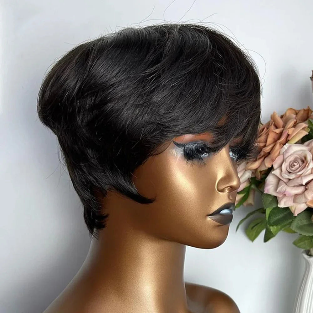 Short Human Hair Wigs Pixie Cut Straight for Black Women Machine Made Wigs With Bangs Cheap Glueless Wig